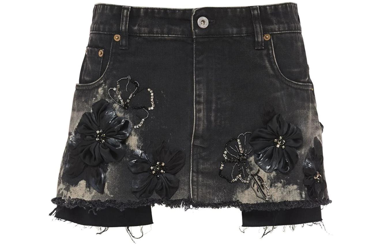 (Women) MIU MIU SS22  Floral Appliqué Distressed Denim Skirt Black GWD278-10BI-F0002