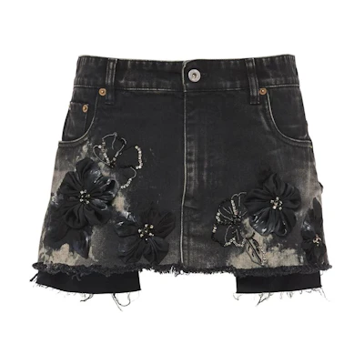 (Women) MIU MIU SS22 Floral Appliqué Distressed Denim Skirt Black GWD278-10BI-F0002