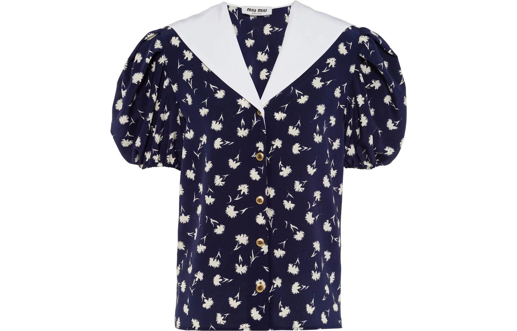 (Women) MIU MIU SS22  Floral Print Blue Short-Sleeve Sun Protection Shirt. MK1670-10BT-F069Q
