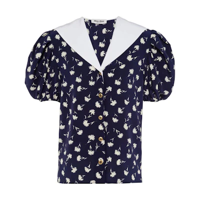 (Women) MIU MIU SS22 Floral Print Blue Short-Sleeve Sun Protection Shirt. MK1670-10BT-F069Q