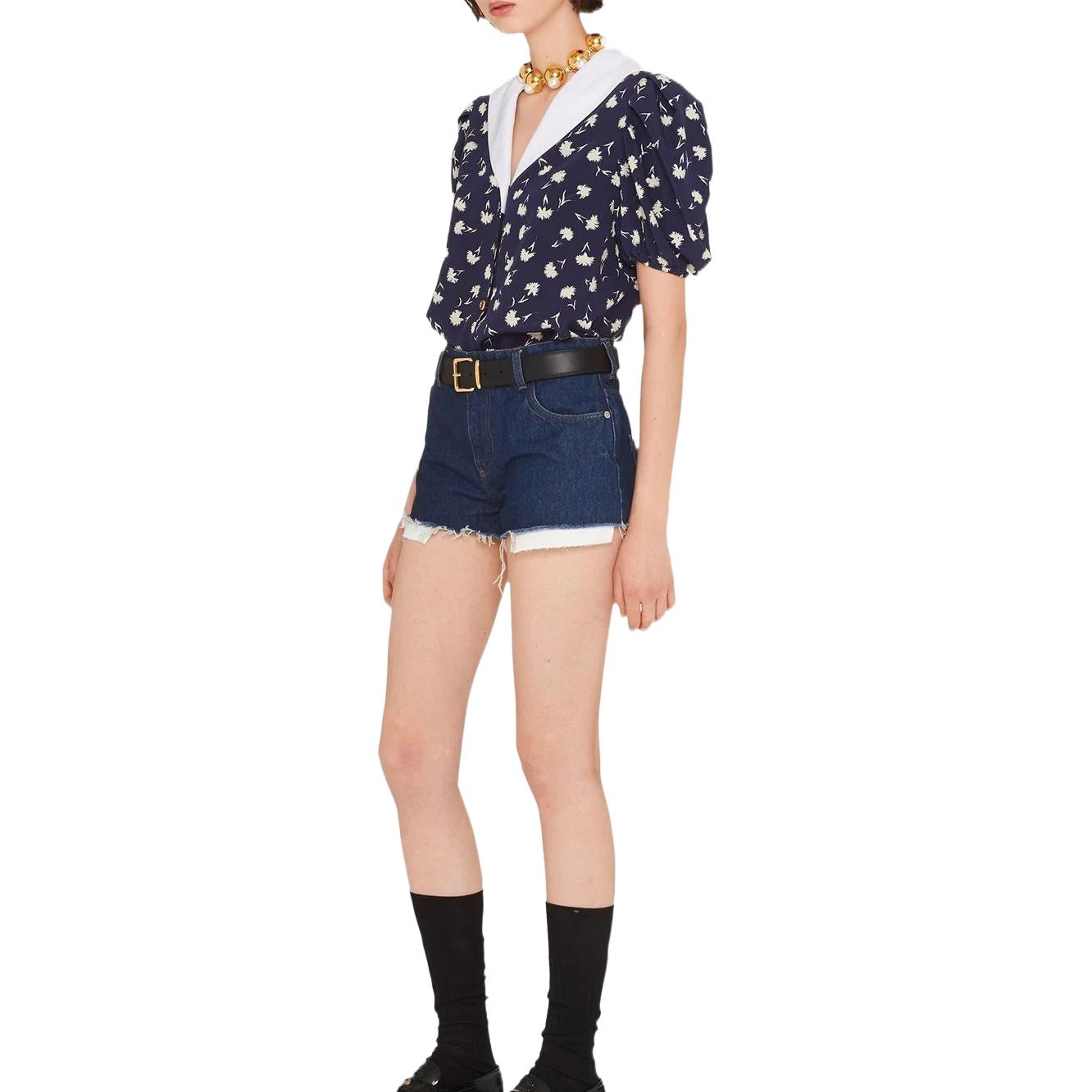 Purchase (W) MIU MIU SS22 Baju Lengan Pendek Biru Bercorak Bunga dengan Perlindungan Matahari. MK1670-10BT-F069Q