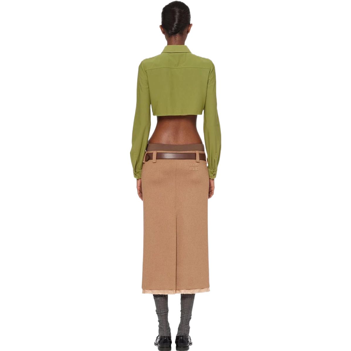 Shop (Women) MIU MIU SS22  Green Long Sleeve Crop Sun Protection Shirt. MK1649-1ZLL-F0613