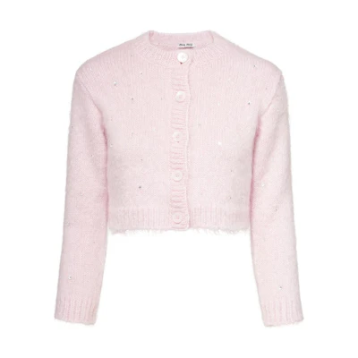 (Women) MIU MIU SS22 Pink Button-Up Cropped Knit Cardigan. MMF383-1UGJ-F0028