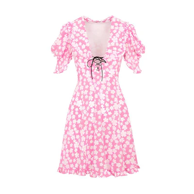 (Women) MIU MIU SS22 Pink Floral Print Short Sleeve Dress MF4527-10MA-F0ODQ