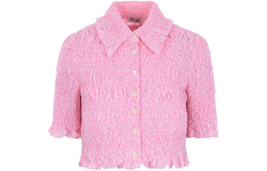 (Women) MIU MIU SS22  Pink Solid Color Cropped Button-Down Short Sleeve Top. MK1620-2AP2-F0028