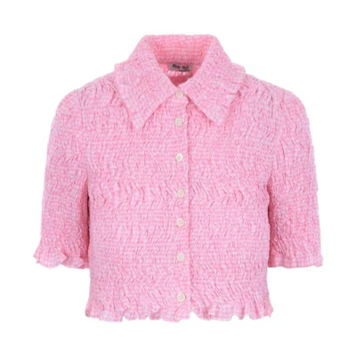 (Women) MIU MIU SS22 Pink Solid Color Cropped Button-Down Short Sleeve Top. MK1620-2AP2-F0028