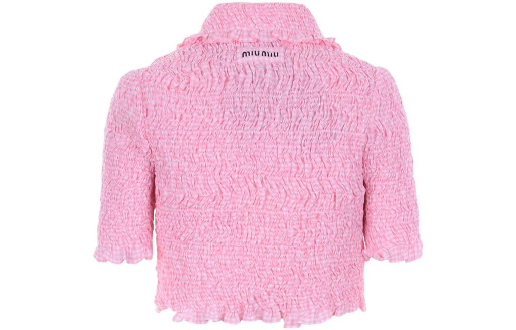 Lookbook (W) MIU MIU SS22 ピンク 無地 クロップド ボタンダウン 半袖トップス MK1620-2AP2-F0028