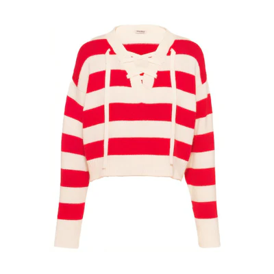 (Women) MIU MIU SS22 Red Colorblock Striped V-Neck Cashmere Sweater. MML575-10TH-F0970