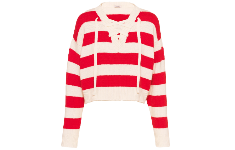 Order (W) MIU MIU 2022春夏 红色拼色条纹V领羊绒毛衣。 MML575-10TH-F0970