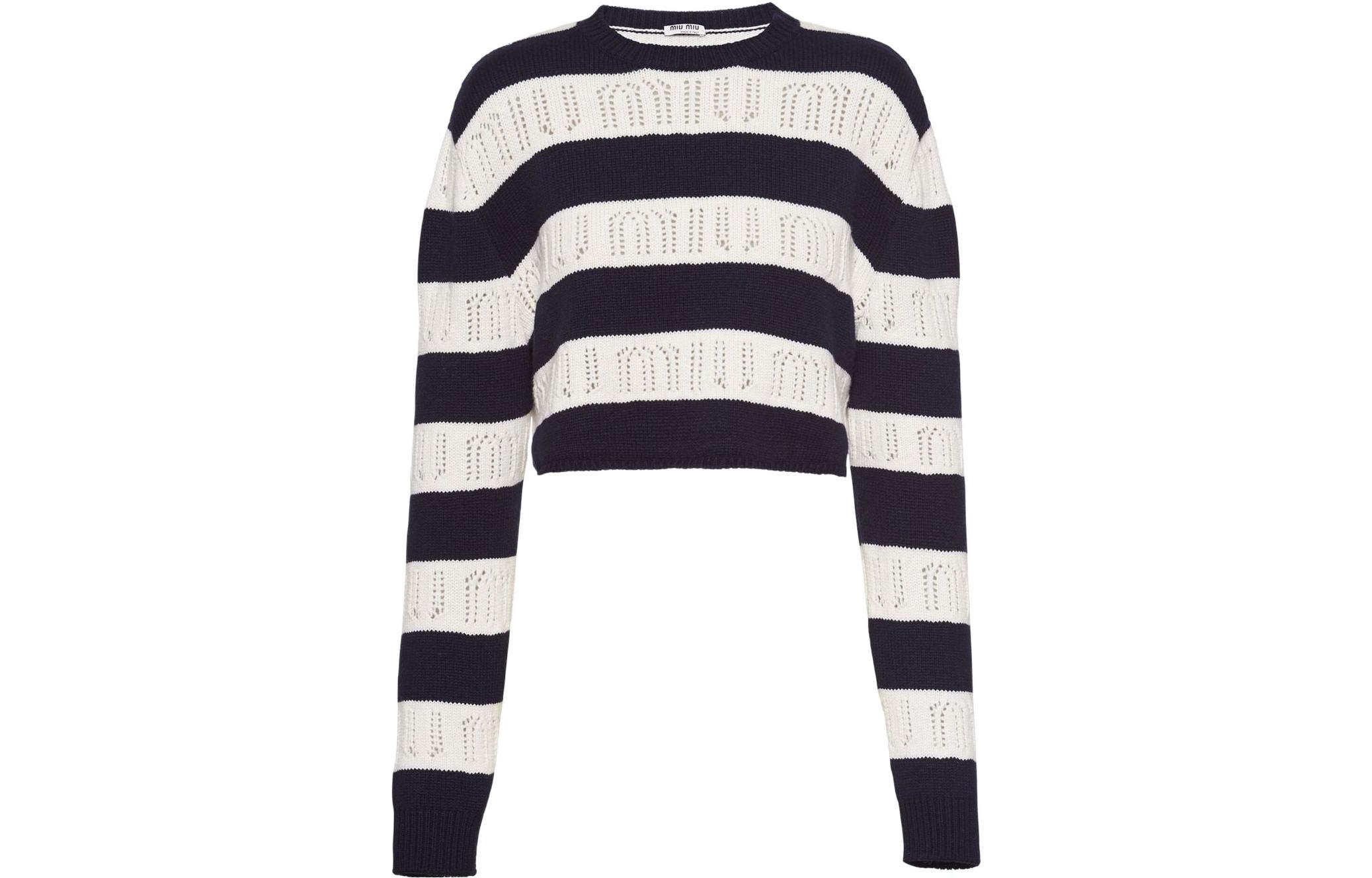 (Women) MIU MIU SS22  Striped Logo Jacquard Pullover Sweater Navy Blue. MML542-10AF-F0008