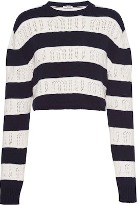 (Women) MIU MIU SS22 Striped Logo Jacquard Pullover Sweater Navy Blue. MML542-10AF-F0008 Order (Women) MIU MIU SS22 Striped Logo Jacquard Pullover Sweater Navy Blue. MML542-10AF-F0008