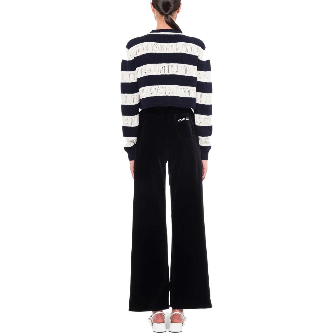 Shop (Women) MIU MIU SS22  Striped Logo Jacquard Pullover Sweater Navy Blue. MML542-10AF-F0008