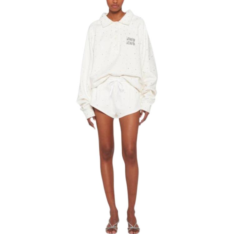 Lookbook (W) MIU MIU SS22 Pantalones Cortos Casual Blancos con Logo y Cordón. MJP225-1ZFR-F0009