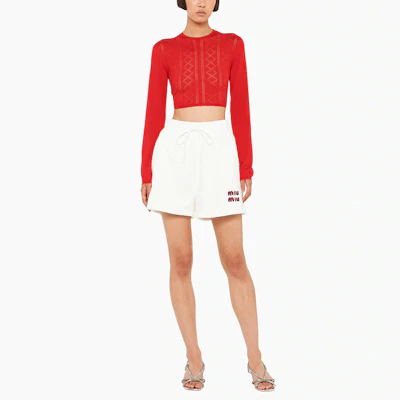 (Women) MIU MIU SS22 White Straight Casual Shorts with Logo Embroidery. MJP274-H39-F0009 Lookbook (Women) MIU MIU SS22 White Straight Casual Shorts with Logo Embroidery. MJP274-H39-F0009