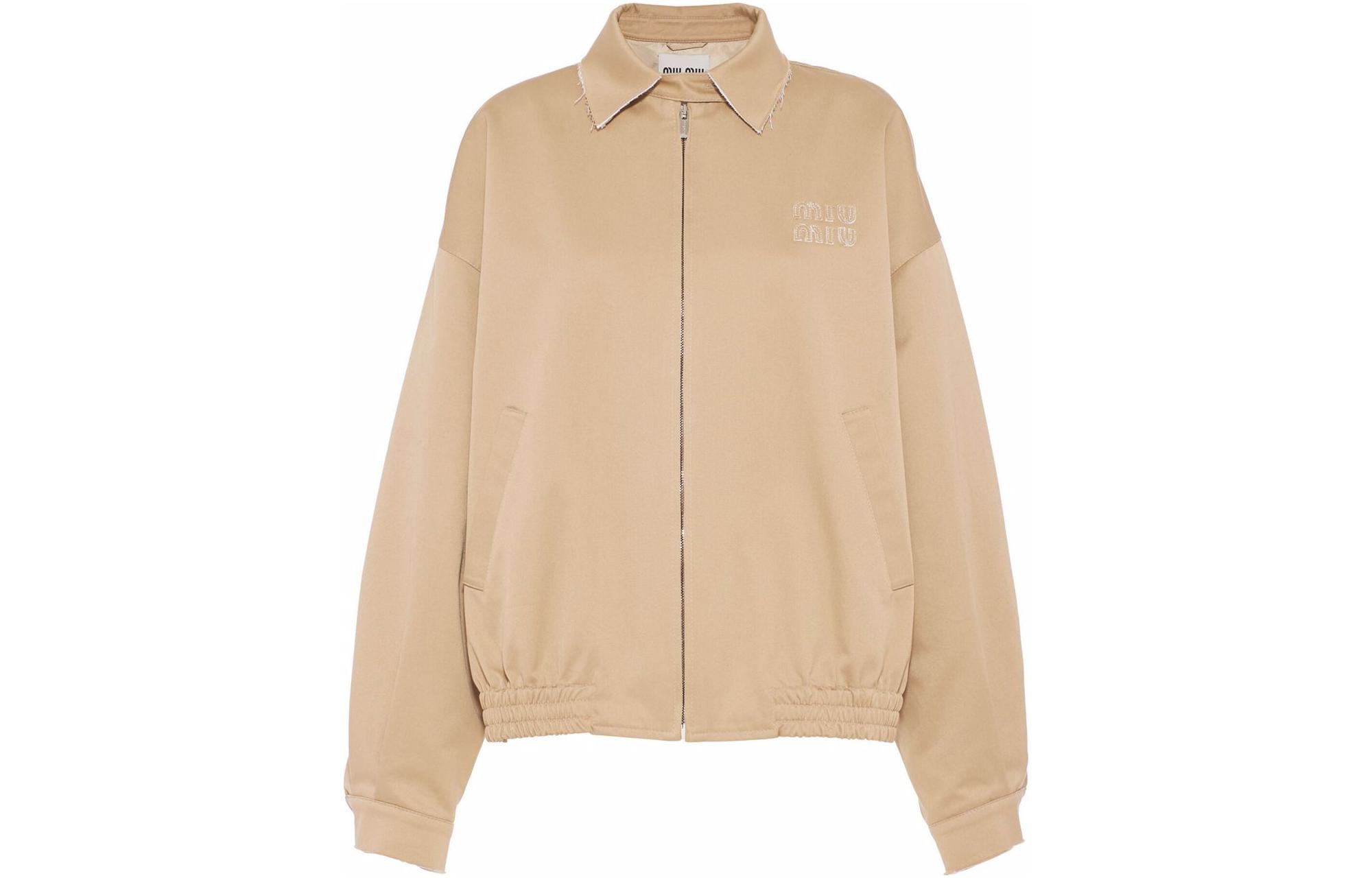 (Women) MIU MIU SS22 Beige Jacquard Logo Zip-Up Casual Jacket Women. ML843-1UPX-F0065