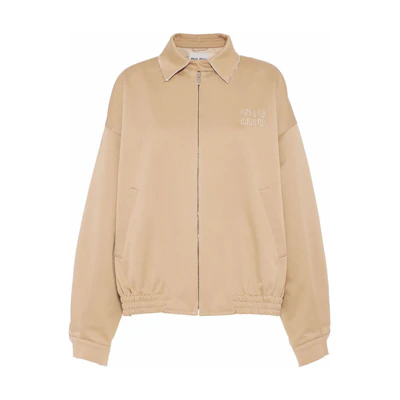 (Women) MIU MIU SS22 Beige Jacquard Logo Zip-Up Casual Jacket Women. ML843-1UPX-F0065