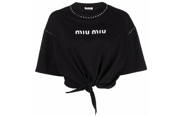 (Women) MIU MIU SS22 Black Crewneck Oversized Letter Print Short Sleeve T-Shirt Women. MJN332-1ZVD-F0002