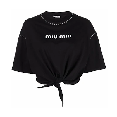 (Women) MIU MIU SS22 Black Crewneck Oversized Letter Print Short Sleeve T-Shirt Women. MJN332-1ZVD-F0002