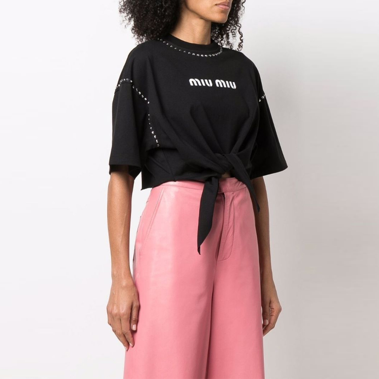 Purchase (W) MIU MIU SS22 黑色字母印花短袖寬鬆版圓領T恤 女款 MJN332-1ZVD-F0002