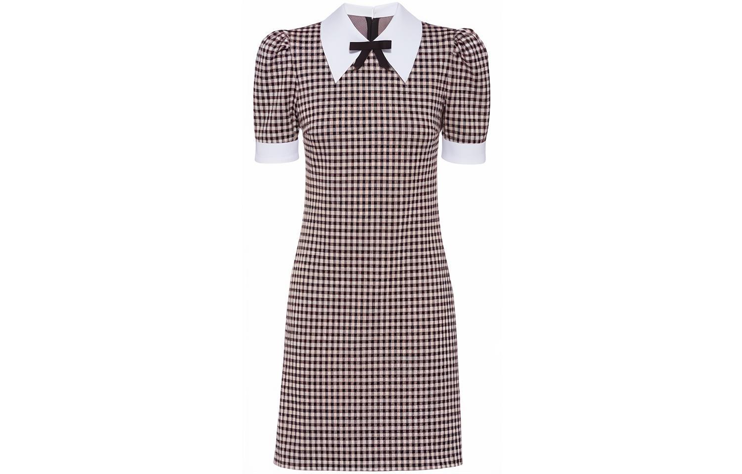 (Women) MIU MIU SS22 Bow Plaid Knit Short Sleeve Dress Brown MF4534-1YQE-F004P