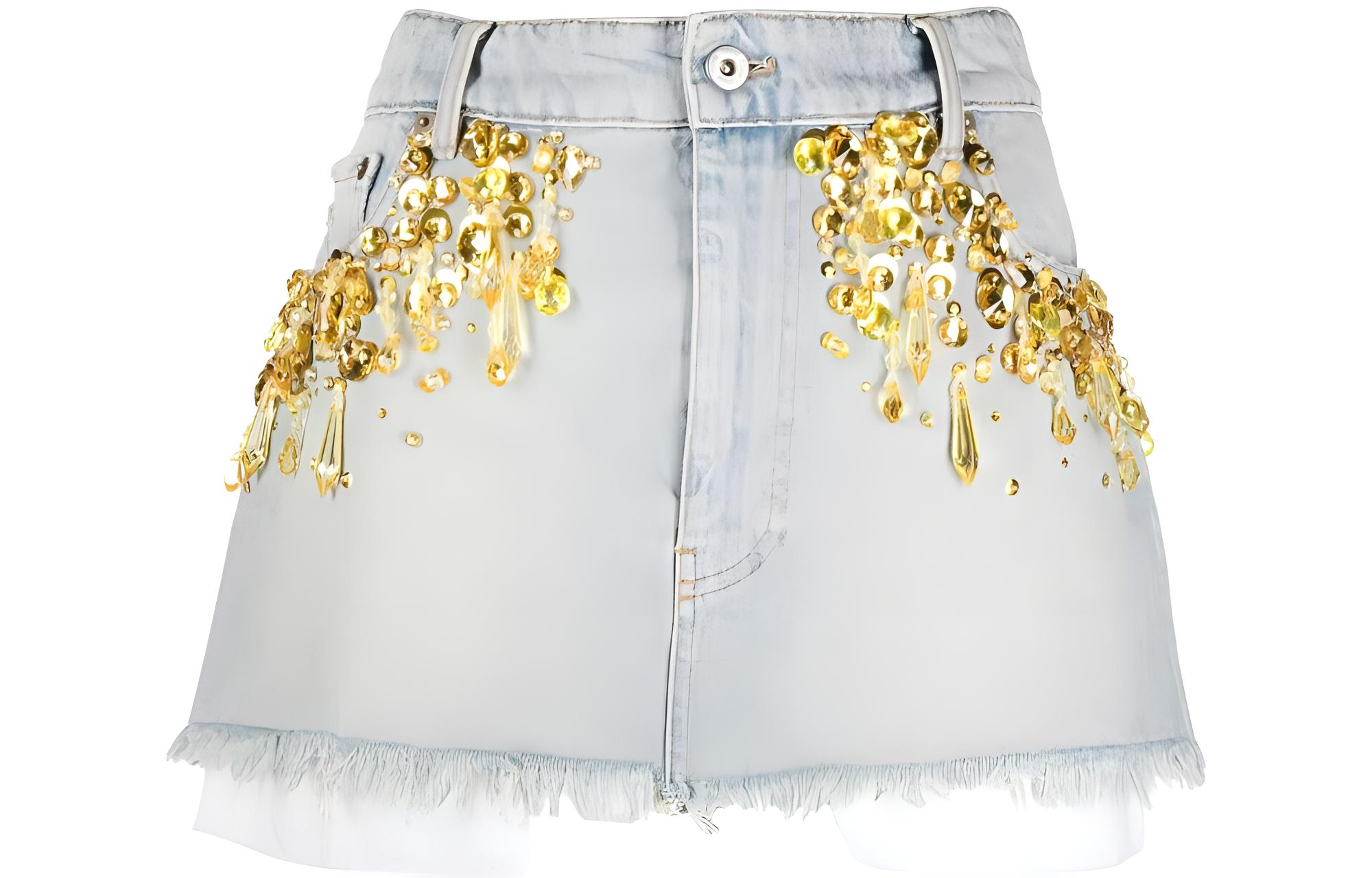 (Women) MIU MIU SS22 Crystal Embellished High-Waisted Denim Skirt Women Blue GWD278-11Q9-F022O