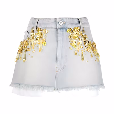 (Women) MIU MIU SS22 Crystal Embellished High-Waisted Denim Skirt Women Blue GWD278-11Q9-F022O