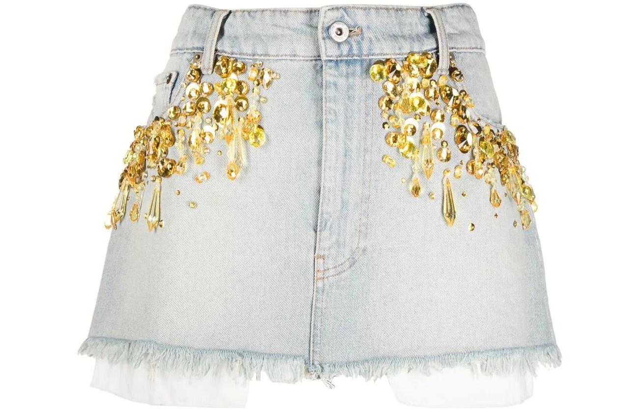 Order (W) MIU MIU SS22 水晶装饰高腰牛仔裙 女士 蓝色 GWD278-11Q9-F022O