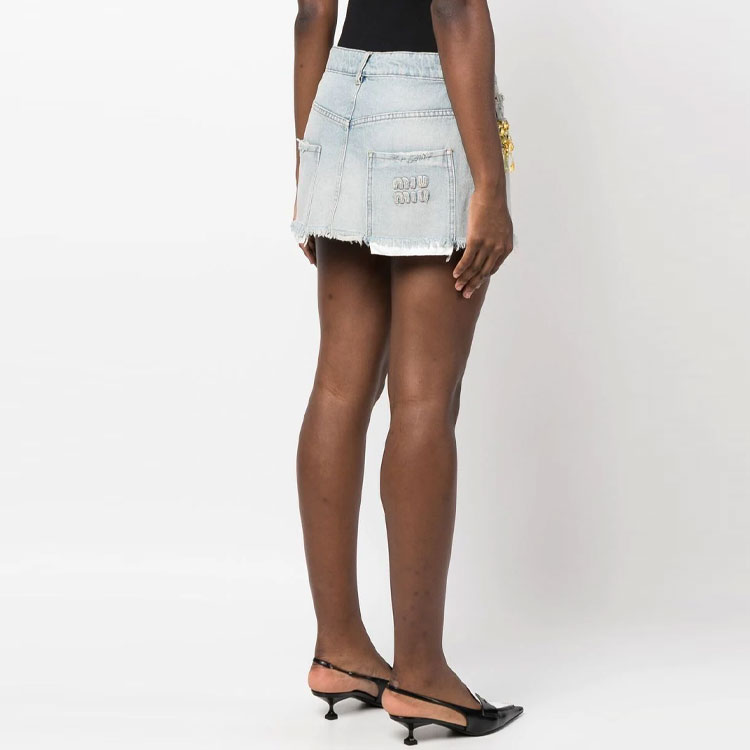 Shop (W) MIU MIU SS22 水晶装饰高腰牛仔裙 女士 蓝色 GWD278-11Q9-F022O