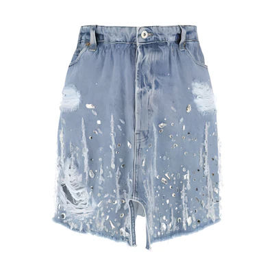 (Women) Miu Miu SS22 Distressed Rhinestone Denim Skirt Blue - GWD270-1Z78-F0008