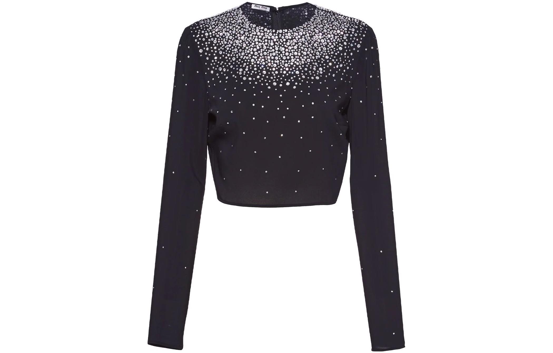 (Women) MIU MIU SS22 Embroidered Georgette Long Sleeve T-Shirt Women Black MT1730-1REX-F0002