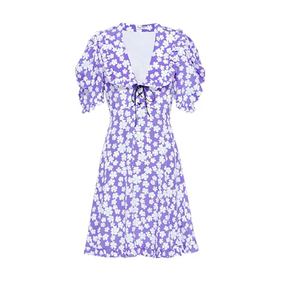 (Women) MIU MIU SS22 Floral Print A-line Short Sleeve Dress Purple. MF4527-10MA-F02U0