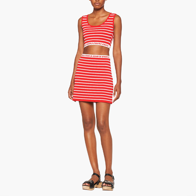 Lookbook (W) MIU MIU SS22 女士高腰红色条纹休闲半裙. MMG376-10KN-F0976