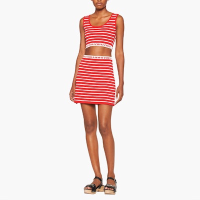 (W) MIU MIU SS22 女士高腰红色条纹休闲半裙. MMG376-10KN-F0976 Lookbook (W) MIU MIU SS22 女士高腰红色条纹休闲半裙. MMG376-10KN-F0976