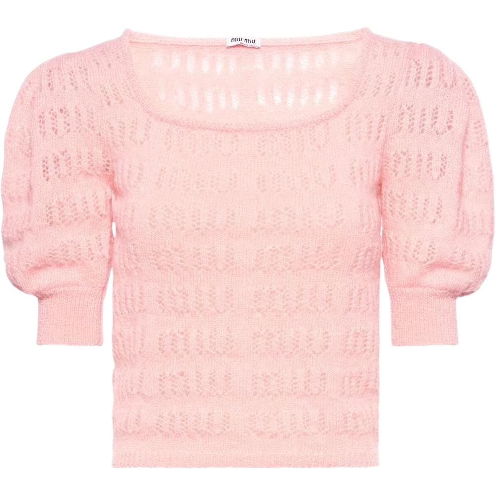 (Women) MIU MIU SS22 Pink Knit Puff Sleeve Cropped Top for Women. MML540-10AD-F0236