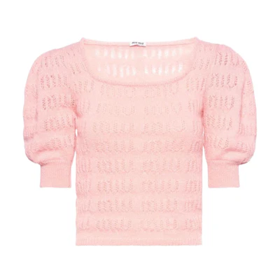 (Women) MIU MIU SS22 Pink Knit Puff Sleeve Cropped Top for Women. MML540-10AD-F0236