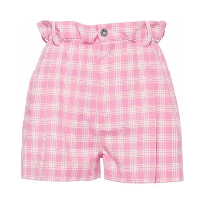 (Women) MIU MIU SS22 Pink Plaid High-Waist Paperbag Casual Shorts Women. MP1536-6J1-F0UJ2