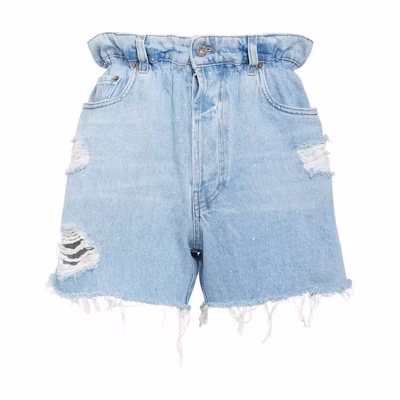 (Women) MIU MIU SS22 Ruched Distressed Denim Shorts Women’s Light Blue GWP300-10B7-F0008