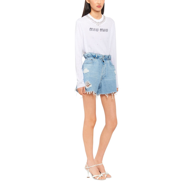 Shop (Women) MIU MIU SS22 Ruched Distressed Denim Shorts Women’s Light Blue GWP300-10B7-F0008