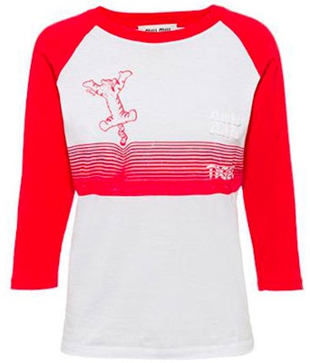 (W) 미우미우 SS22 티거 그래픽 3/4 슬리브 레드 티셔츠 MJL857-102H-F0970 Order (W) 미우미우 SS22 티거 그래픽 3/4 슬리브 레드 티셔츠 MJL857-102H-F0970