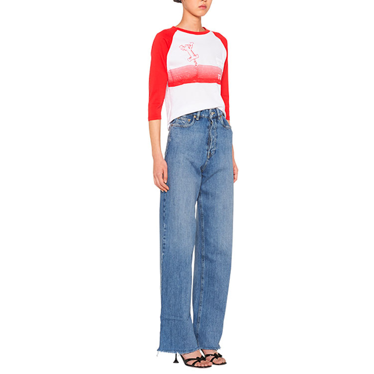 Lookbook (W) 미우미우 SS22 티거 그래픽 3/4 슬리브 레드 티셔츠 MJL857-102H-F0970