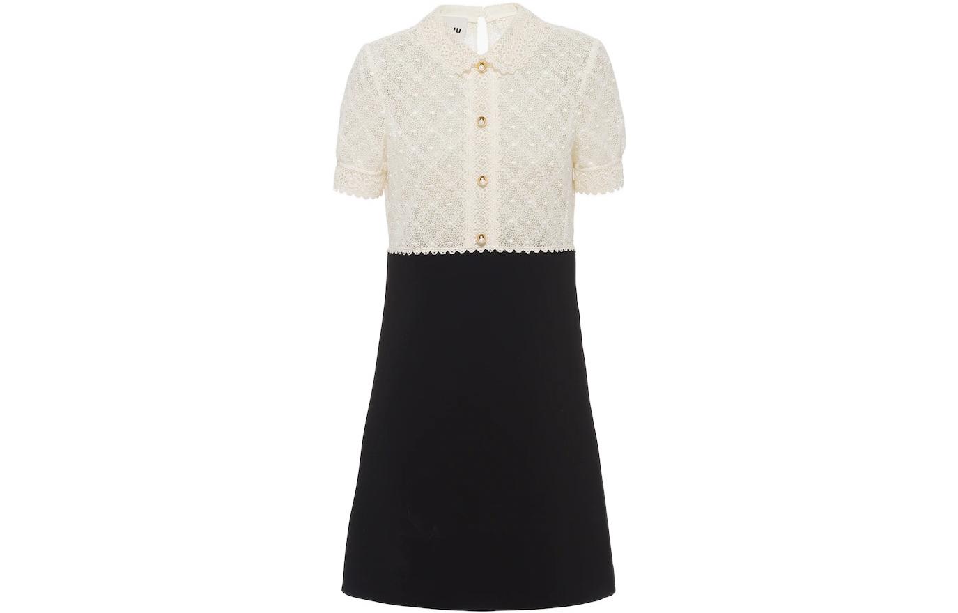 (Women) MIU MIU SS22 Vintage Lace A-Line Short-Sleeve Dress for Women Colorblock. MF4618-10BW-F0002