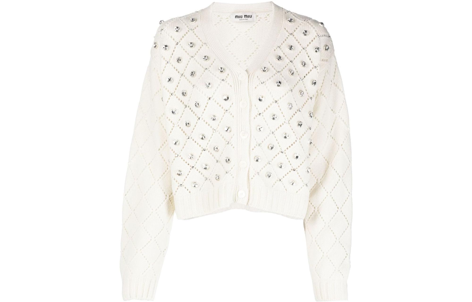 (Women) MIU MIU SS22 White  Knit Cardigan with Rhinestone V-Neck Long Sleeve MMF615-11B2-F0009