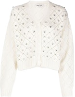 (Women) MIU MIU SS22 White Knit Cardigan with Rhinestone V-Neck Long Sleeve MMF615-11B2-F0009 (Women) MIU MIU SS22 White Knit Cardigan with Rhinestone V-Neck Long Sleeve MMF615-11B2-F0009