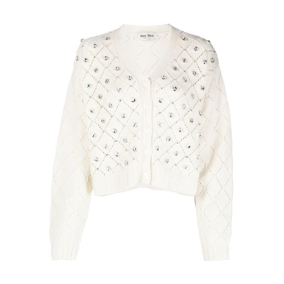 (Women) MIU MIU SS22 White Knit Cardigan with Rhinestone V-Neck Long Sleeve MMF615-11B2-F0009