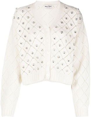 (W) MIU MIU SS22 Kardi Putih V-Neck Lengan Panjang dengan Rhinestone MMF615-11B2-F0009 Order (W) MIU MIU SS22 Kardi Putih V-Neck Lengan Panjang dengan Rhinestone MMF615-11B2-F0009