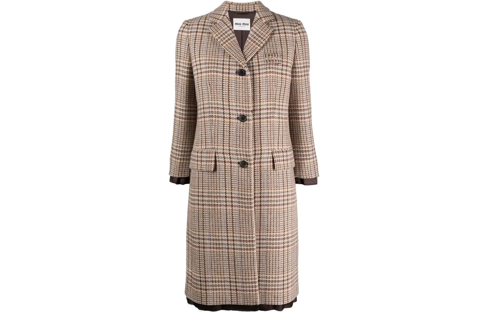 Order (Women) MIU MIU SS22 Women’s Beige Plaid Single-Breasted Long Sleeve Coat MS192511GUF0324