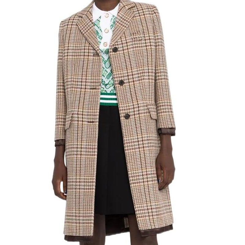 Shop (Women) MIU MIU SS22 Women’s Beige Plaid Single-Breasted Long Sleeve Coat MS192511GUF0324