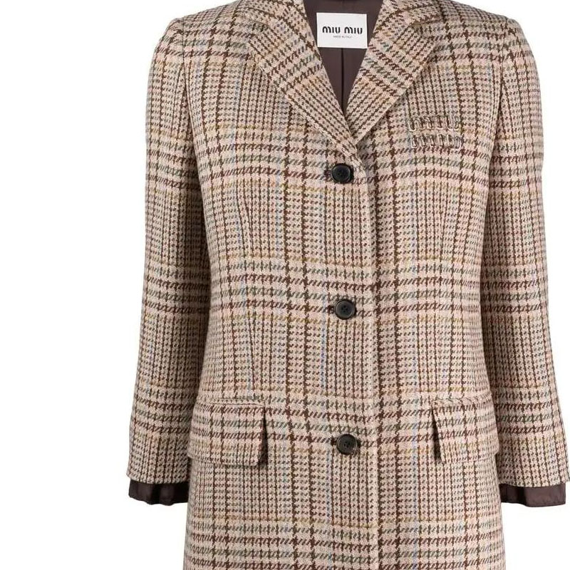 Cheap (Women) MIU MIU SS22 Women’s Beige Plaid Single-Breasted Long Sleeve Coat MS192511GUF0324