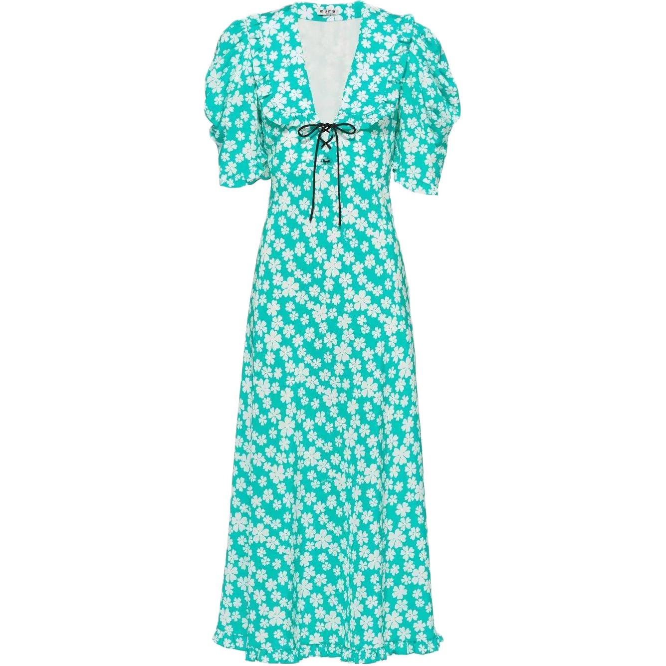 (Women) MIU MIU SS22 Womens Floral Print V-Neck Midi Dress Short Sleeve Blue MF4522-10MA-F0G1S