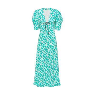 (Women) MIU MIU SS22 Womens Floral Print V-Neck Midi Dress Short Sleeve Blue MF4522-10MA-F0G1S
